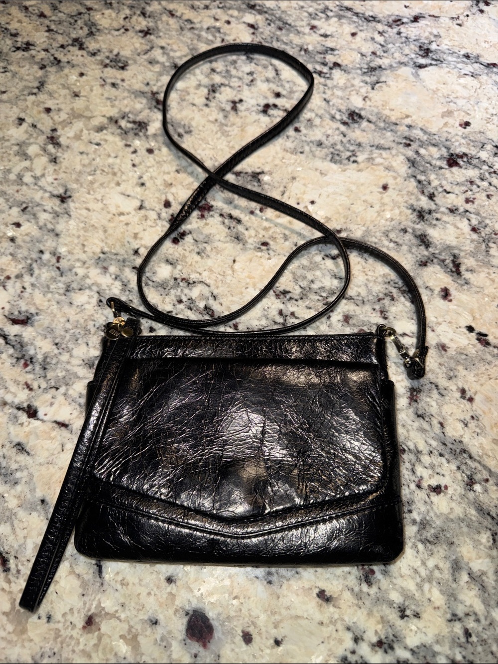 Hobo Tiny Black Leather Crossbody Bag with Front Flap And Detachable Strap